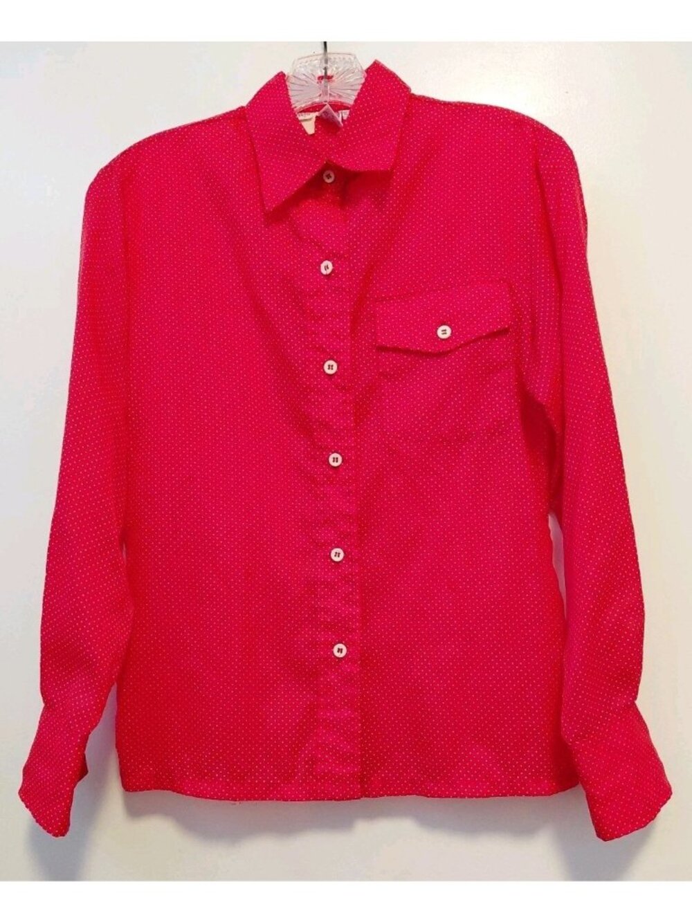 SKYR Vintage Nylon Polka-Dot Shirt Long Sleeves Button Down Red White Small